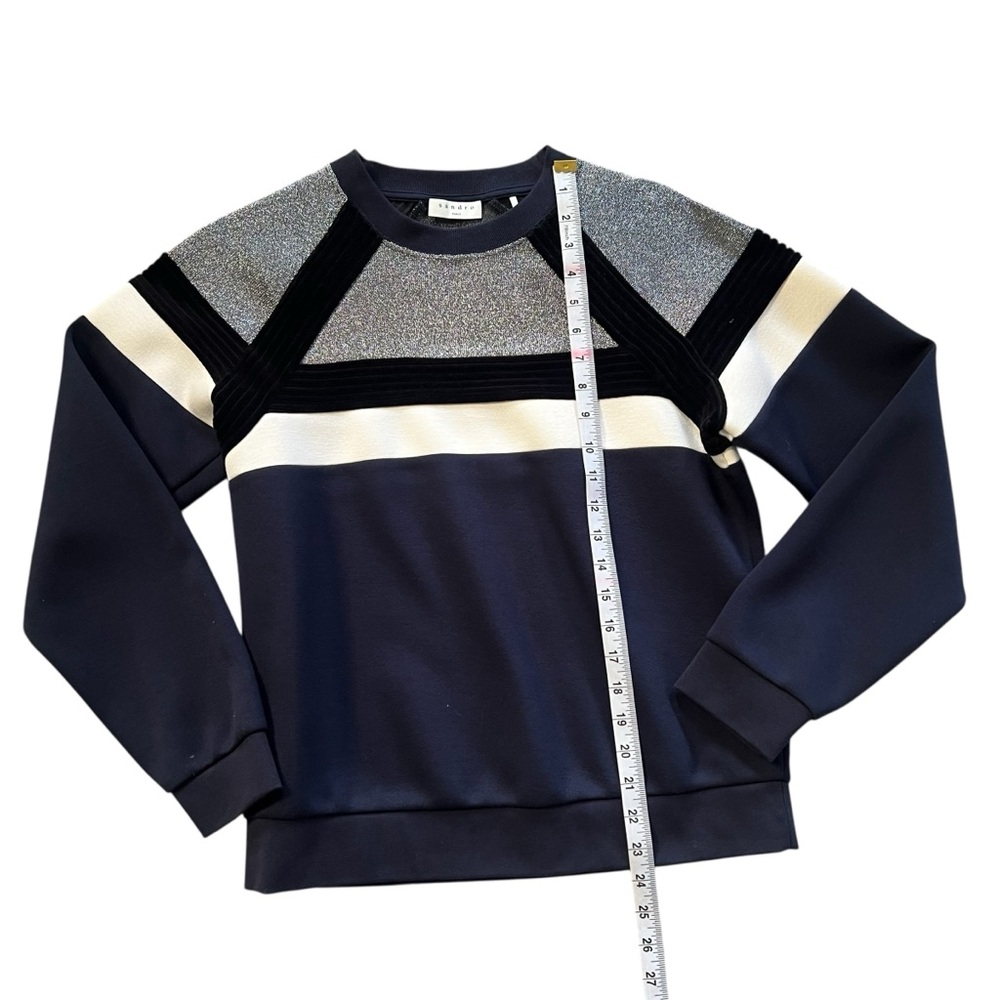 Sandro Paris Igal Metallic Silver Velvet Black & Navy Sweatshirt Size 1/Small - Picture 11 of 11